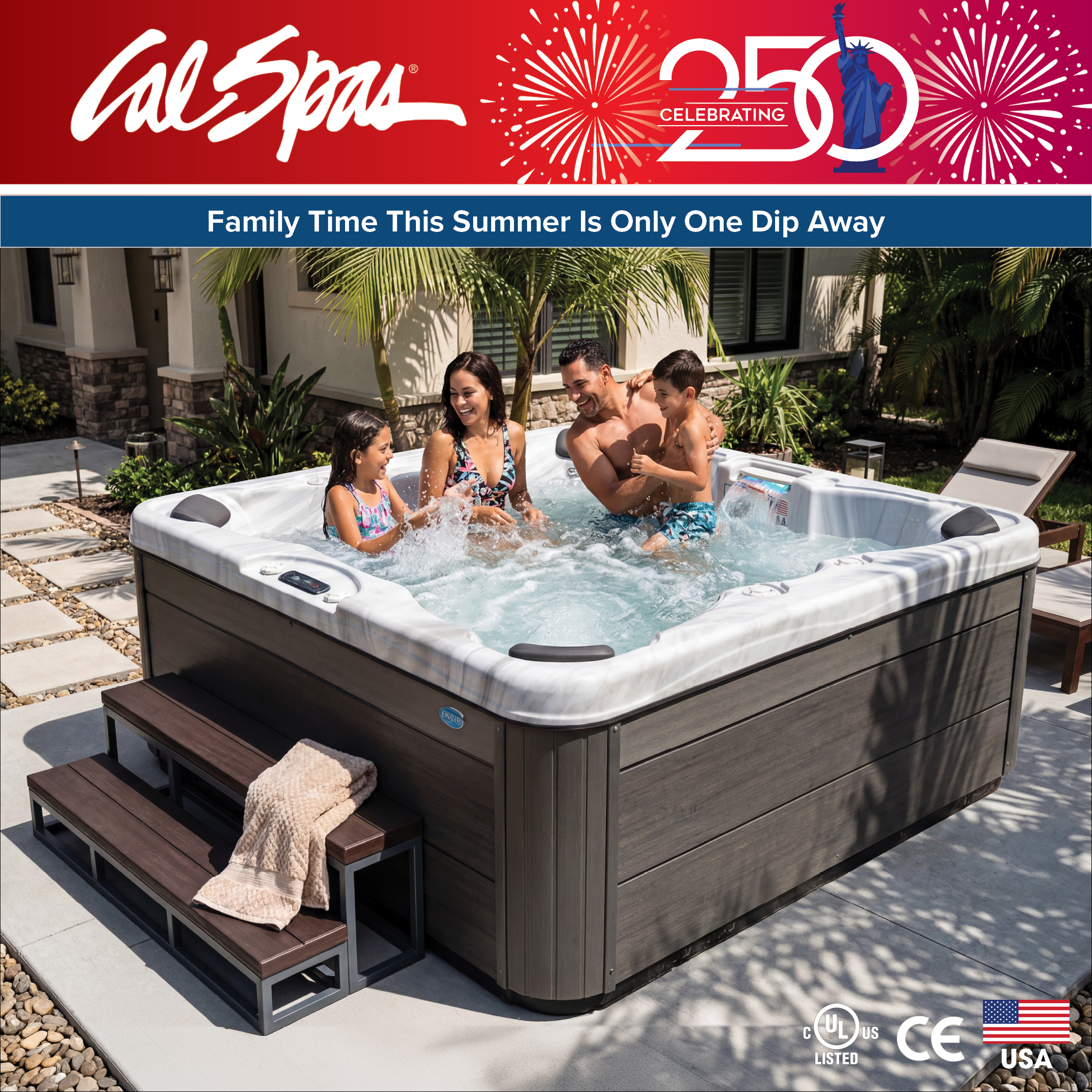 Calspas hot tub being used in a family setting - Malibu